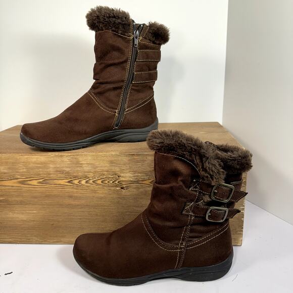 Earth Spirit Cozy Ankle BootsWomens SZ 8.5 Faux Suede Fur Trim Plush Winter Warm - Picture 2 of 9